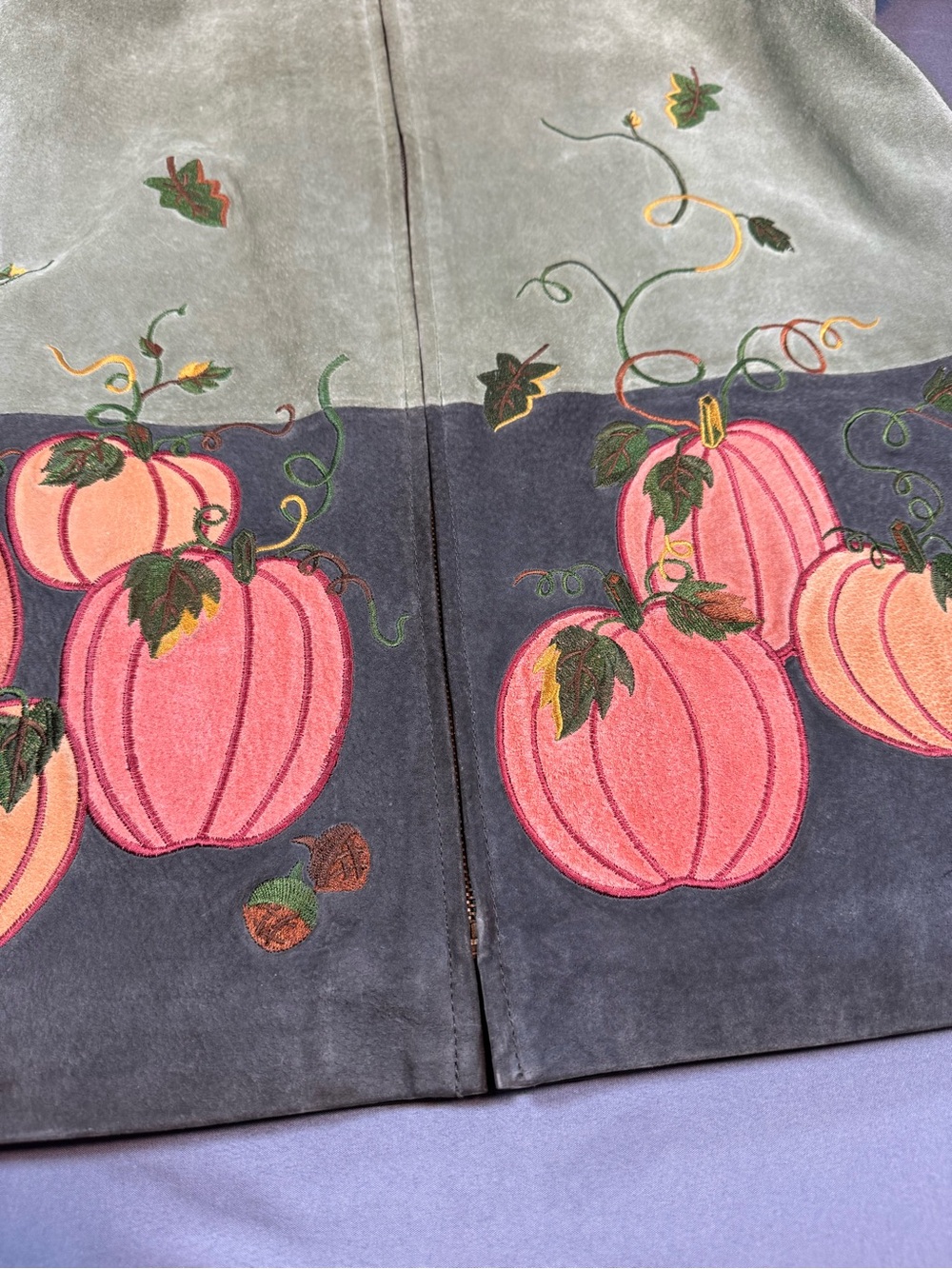 Quacker Factory Green Suede Pumpkin Embroidered Leather Jacket - Picture 4 of 7